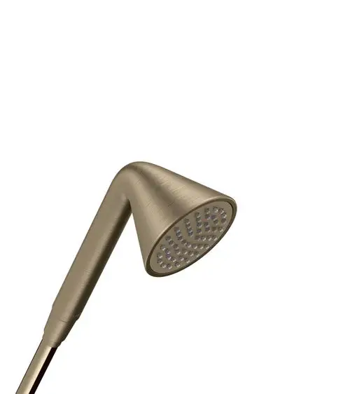 Handbrause in gebürstetem Nickel-Finish von AXOR. Die Dusche hat eine konische Form mit einer beschichteten Düse für einen gleichmäßigen Wasserstrahl.